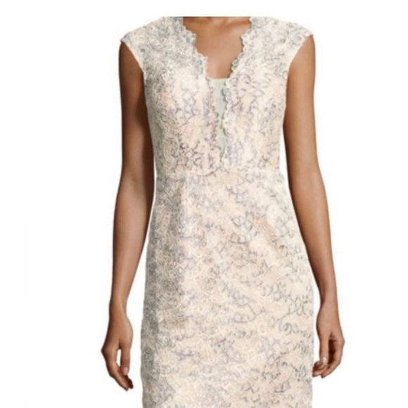 Nicole Miller Lace Sheath Dress 6 Cream Gold Gray Cotton Blend - Picture 1 of 16